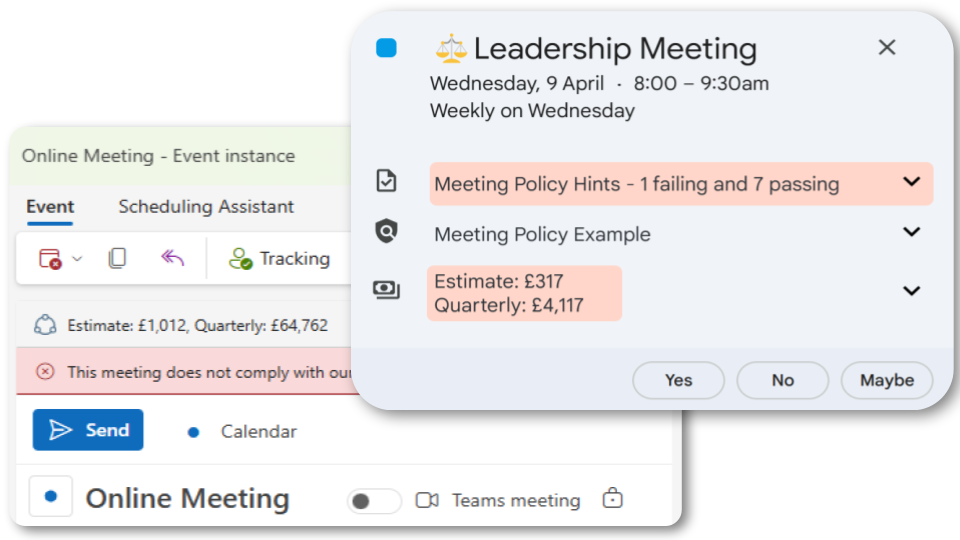 Meeting costs and rules - Outlook and Google Calendar Apps