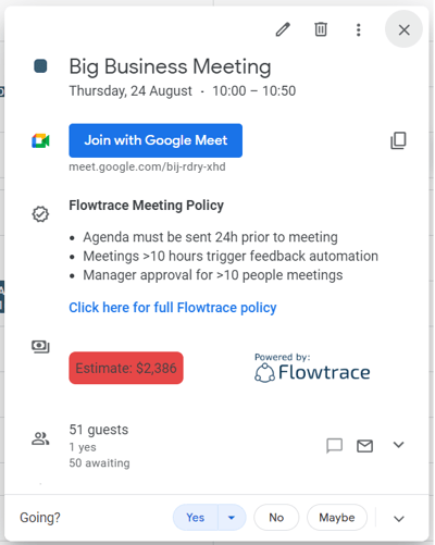 Flowtrace Meeting Policy Google Calendar Chrome extension screenshot