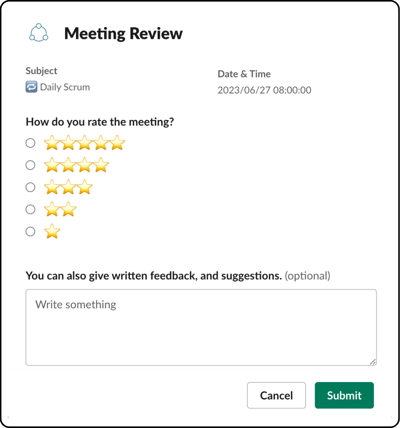 Flowtrace meeting ratings and reviews makes meeting feedback collection easy. Instead of asking participants to fill lengthy surveys, they are invited to rate the meeting and provide a succinct review.