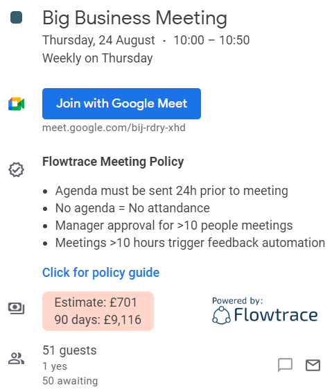 meeting cost calculator included for Google Calendar