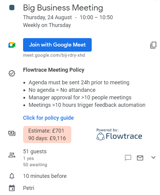 meeting costs and policies for Google Calendar