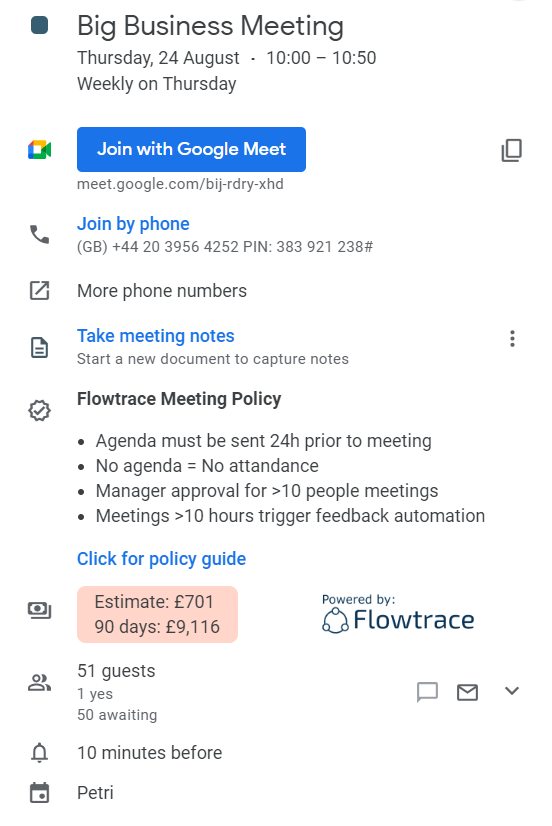 meeting costs calculated for Google Calendar