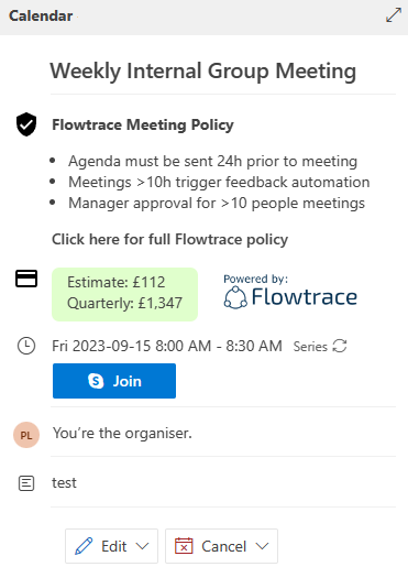 Meeting costs and policies shown on an invite