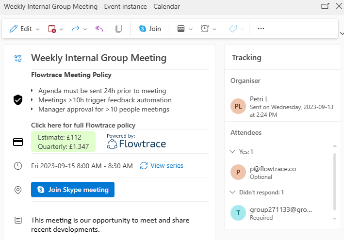 Meeting cost calculator with information for meetings in calendar