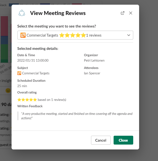 Meeting reviews give comprehensive overview of the meeting feedback which goes beyond traditional post-meeting surveys.