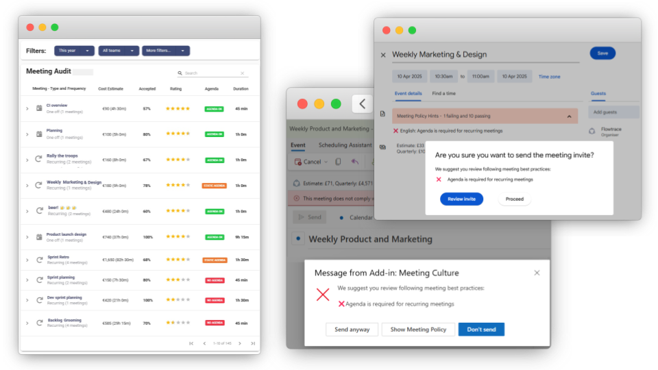 Meeting audit with agenda, review rating, and agenda rules for the apps