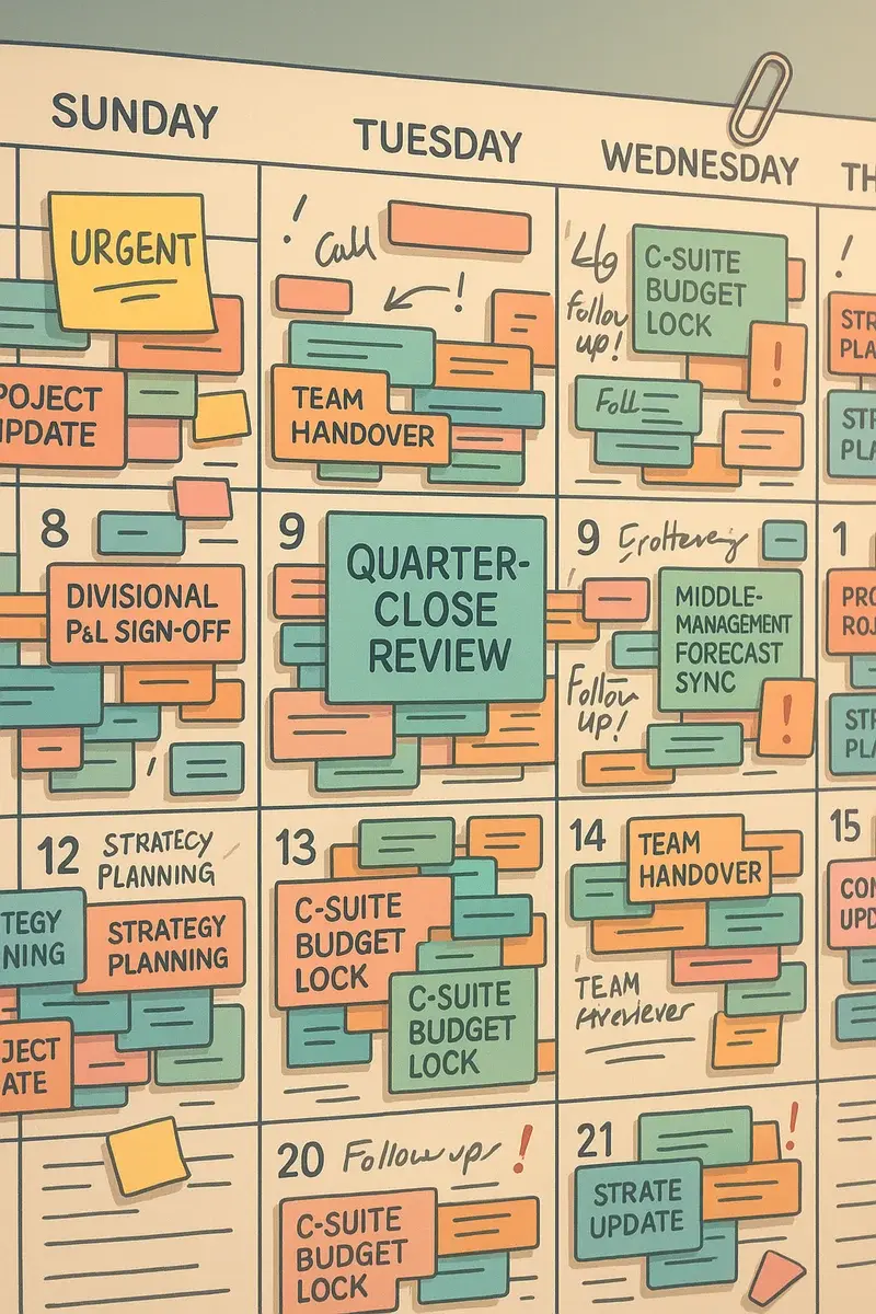 Overloaded work calendar filled with recurring reviews, handovers, planning meetings, and follow-ups