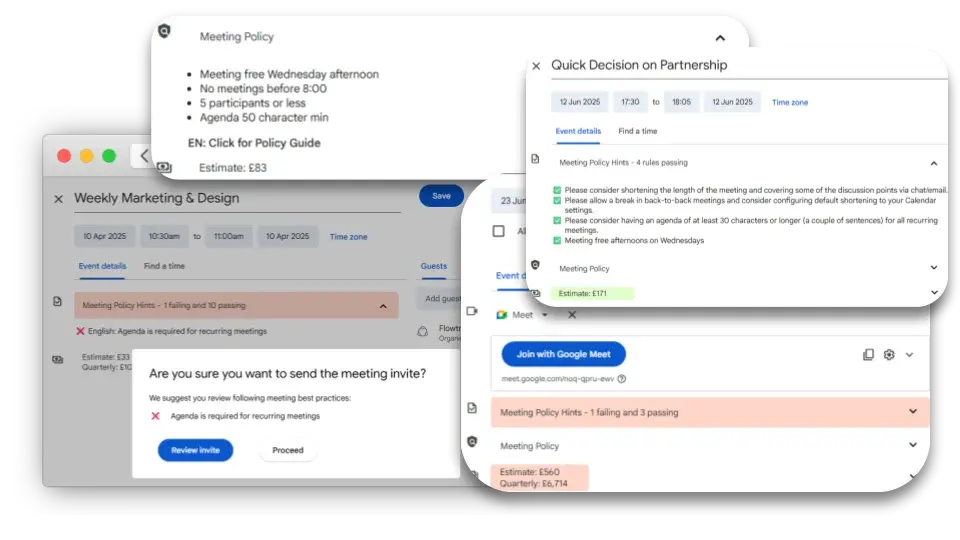 Flowtrace calendar-side meeting cost and policy alert