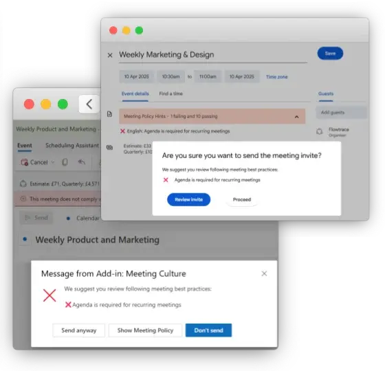Agenda rule alerts in Flowtrace extensions for Google Calendar and Outlook