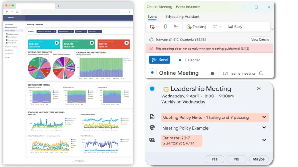 Flowtrace meeting analytics dashboard and calendar meeting cost views