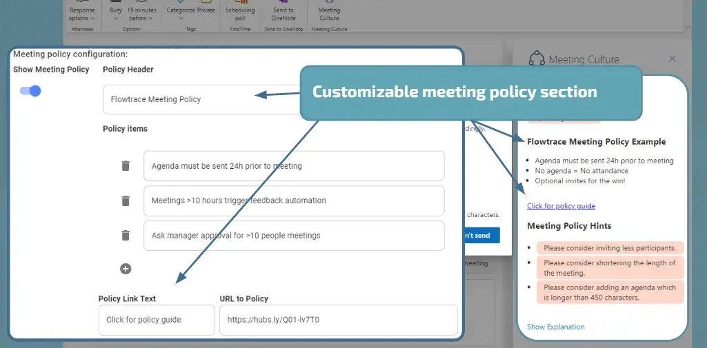 Flowtrace Outlook meeting policy configuration and validation example