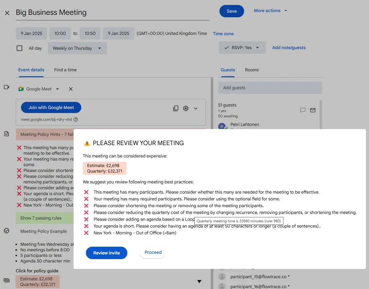 Flowtrace Google Calendar view showing meeting cost and meeting rules