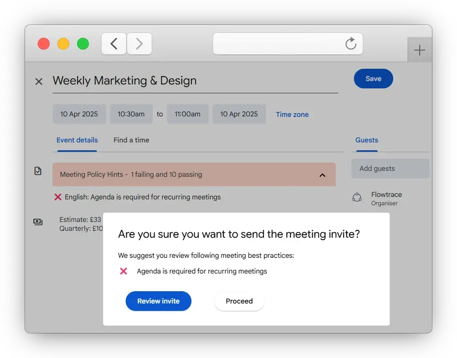 Google Calendar meeting validation rule alert for missing agenda