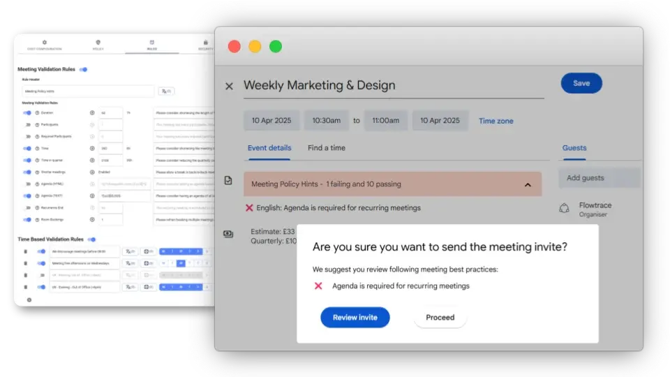 Flowtrace meeting policy validation rule alert in Google Calendar