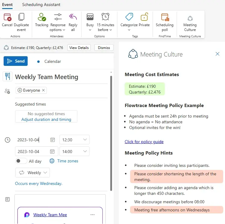 Flowtrace meeting cost estimate and meeting policy hints while editing an Outlook invite