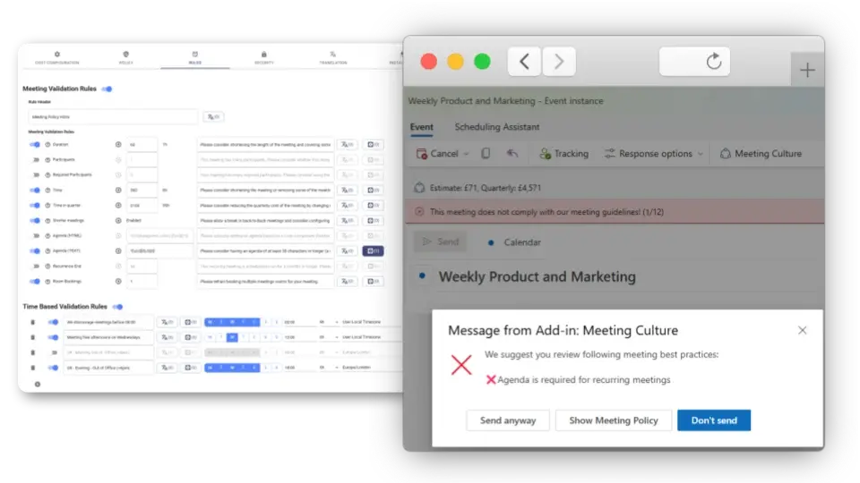 Flowtrace Outlook invite validation showing an agenda policy rule before a meeting is sent