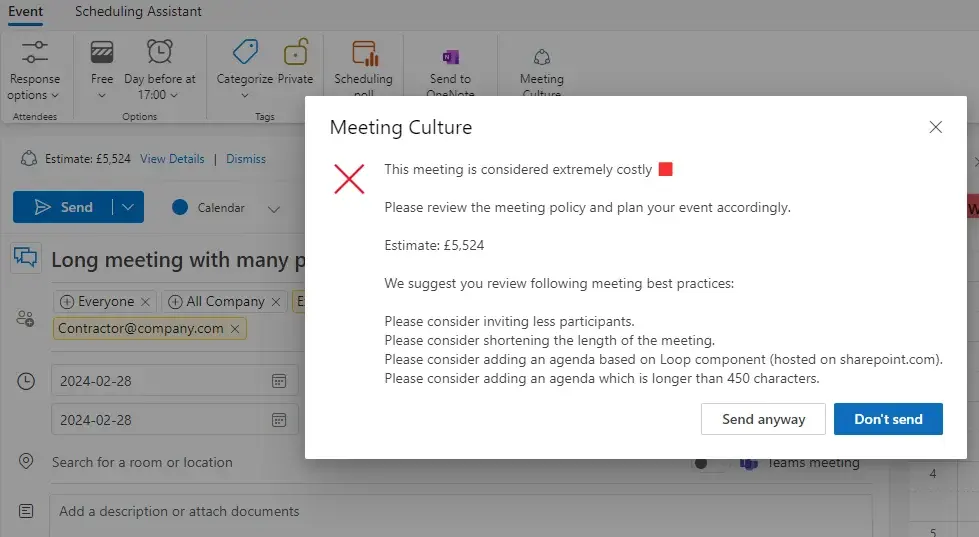 Flowtrace Outlook meeting policy validation alert with multiple meeting issues