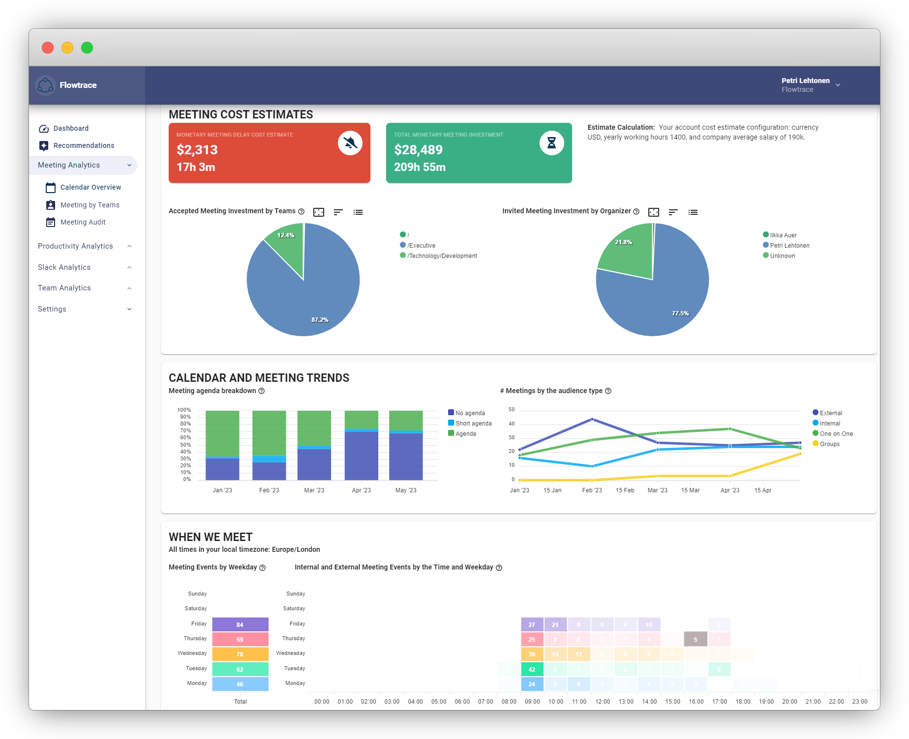 browser frame - calendar overview with cost - when we meet - invite and agenda trends